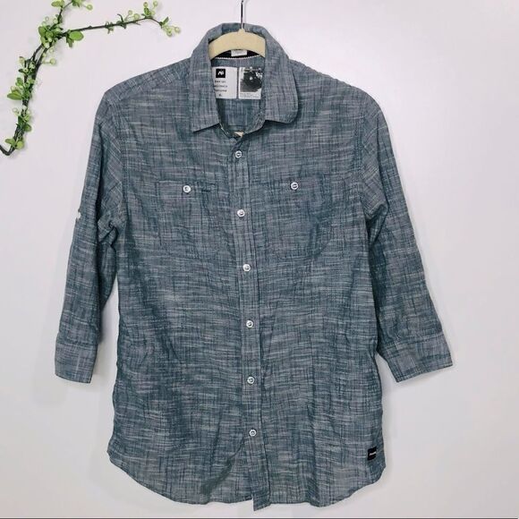Analog 3/4 Sleeve Button-Up Blue Gray Shirt - Picture 1 of 11